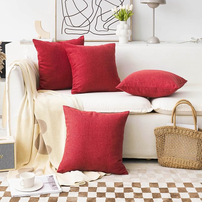 Home Brilliant Red Linen Throw Pillow Covers 18x18 Textured Pillow Covers for Holiday Decorations Couch Sofa Living Room Bedroom, 18 x 18, Pack of 2, Burgundy