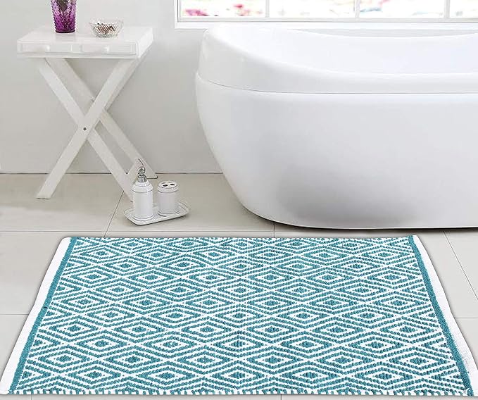 Ramanta Home 100% Cotton Diamond Handwoven Reversible Rug 21x34 Inch– Teal| Soft Washable Area Rug for Bathroom, Kitchen, Bedroom, Entryway | Durable Lightweight Handmade Accent Floor Mat | Boho Décor