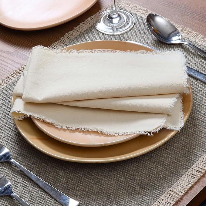 Ramanta Home Cloth Napkins Set of 4 Light Flax 18x18 Inch - Spring Soft & Durable Frayed Dinner Napkin for Easter Wedding, Birthday | Heavy Weight Fabric Table Linen for Everyday Use Family Dinners