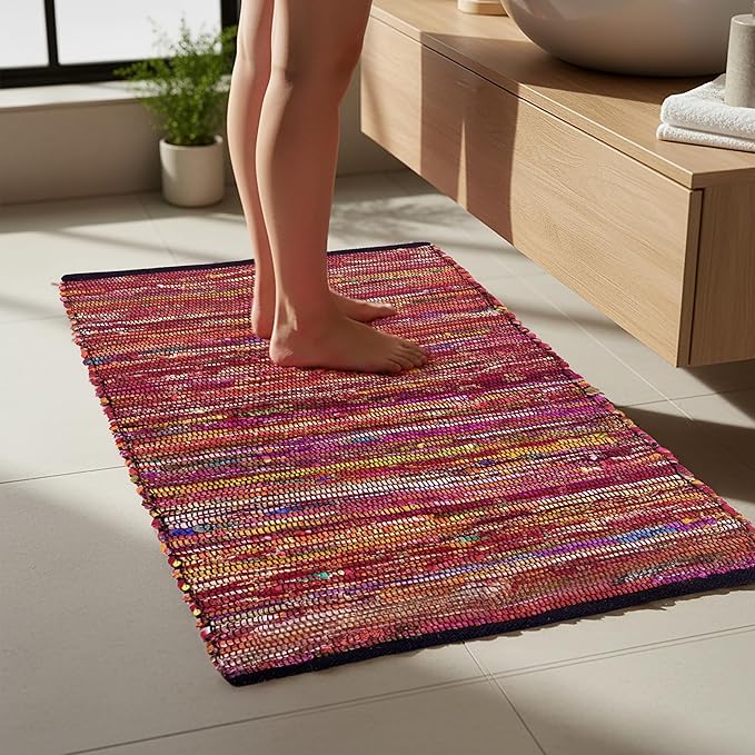 Ramanta Home Cotton Chindi Hand Woven Rug - 2x3 ft Multi Color, Reversible Area Rugs for Indoor, Outdoor, Living Room, Kitchen, Entryway | Boho Door Mat for Home Decor - 24x36 Inches