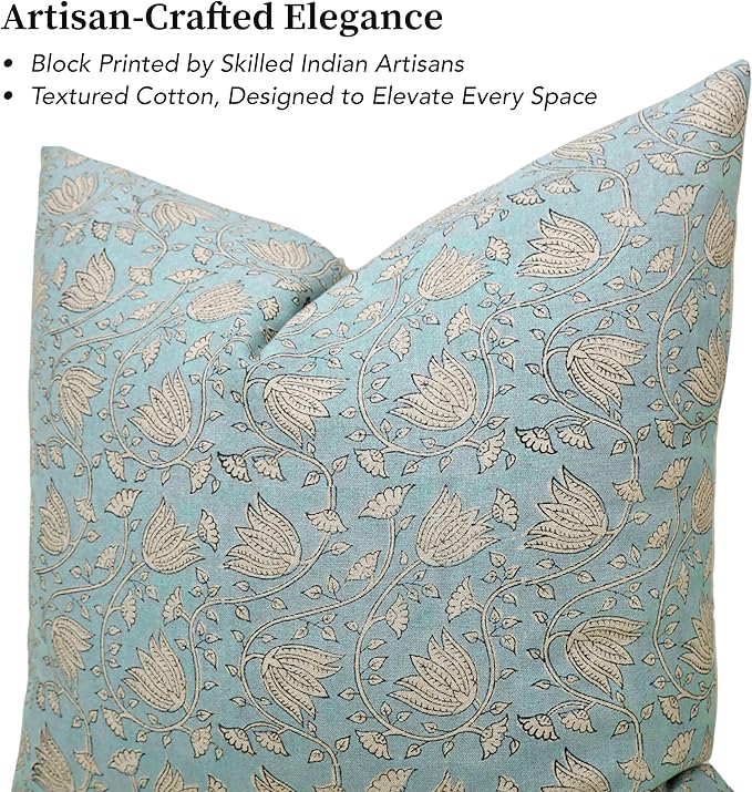 Handmade Block Print 100% Thick Cotton 20 x 20 inch Throw Pillow Cushion Cover with Zipper - Pillowcase for Bedroom, livingroom, Couch, Sofa, Outdoor, Chair, Bed, Home Décor- Sansa (Misty Blue)