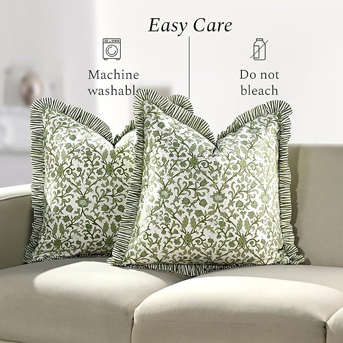 CPC Meadow Vine Hand Block Print 100% Cotton Ruffle Throw Pillow Cover 20x20 inch with Hidden Zipper Decorative for Couch, Bed, Sofa, Farmhouse, Cottagecore Decor Gift Christmas Fall Thanksgiving