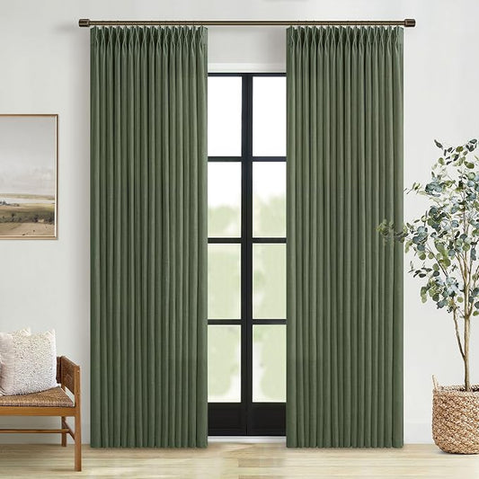 Pinch Pleated Olive Green Linen Curtains 84 Inches Long 2 Panels Set for Living Room Bedroom Dining Pinch Pleat Back Tab Light Filtering Farmhouse Boho Dark Green Loden Window Curtain Drapes W50xL84