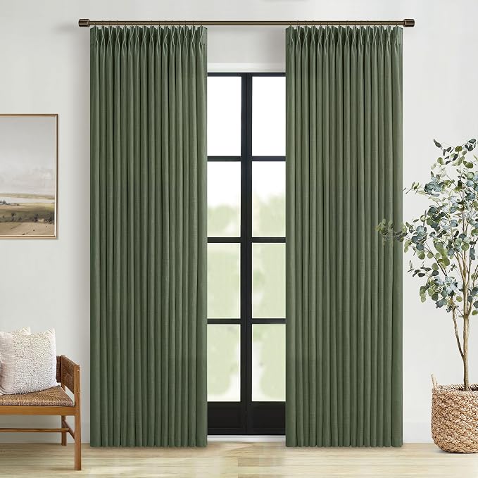 Olive Green Linen Pinch Pleated Curtains 108 Inches Long 2 Panels for Living Room Bedroom Light Filtering Linen Drapes 108 Inch Length Loden Semi Sheer Memory Shape Trained Ceiling Floor Curtain 9Ft