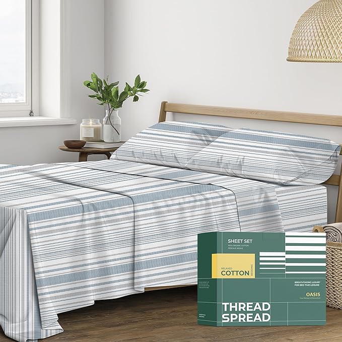 THREAD SPREAD 100% Organic Cotton Sheets Twin XL Size - Organic Cotton Percale Weave Sheet Set (3 PC, Dotted Stripe), Soft, Cooling, Crisp & Breathable, 16" Deep Pocket Hotel Quality Bedding Set