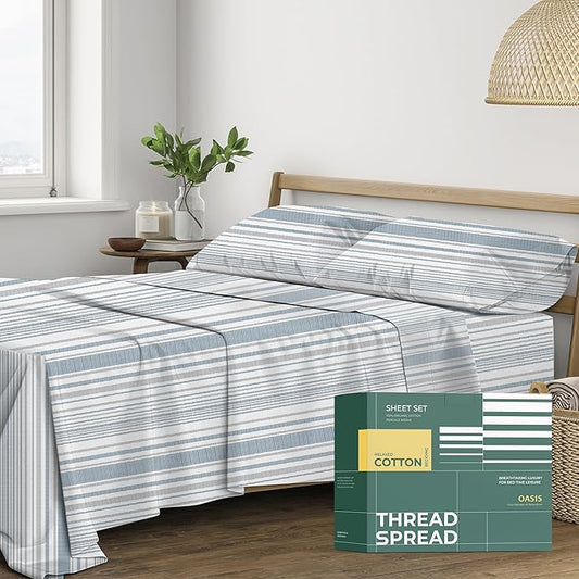 THREAD SPREAD 100% Organic Cotton Sheets Queen Size - Organic Cotton Percale Weave Sheet Set (4 PC, Dotted Stripe), Soft, Cooling, Crisp & Breathable, 16" Deep Pocket Hotel Quality Bedding Set