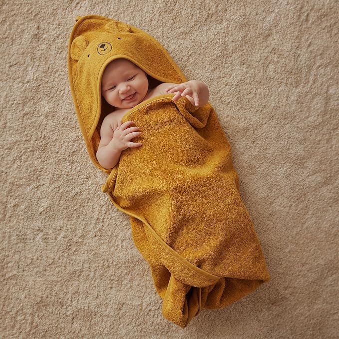 Hooded Baby Towel – 100% Organic Cotton Baby Bath Towels – Baby Boy and Girl Newborn Essentials - Super-Soft and Absorbent. (Bear - Autum Yellov)
