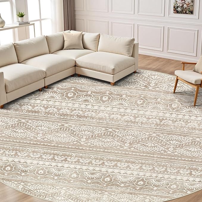 Tortania 10' Round Area Rug Living Room Rugs - Washable Large Soft Neutral Boho Moroccan Bohemian Farmhouse Rug Indoor Floor Carpet for Bedroom Under Dining Table Home Office Decor - Light Brown