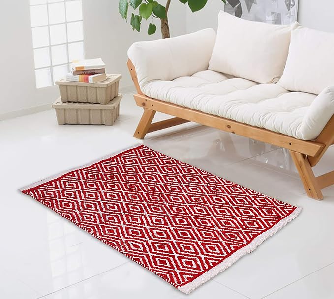 Chenille Cotton Diamond Rug 21x34 Inches - Red, Reversible Small Soft Washable Front Door Mat Ideal for Kitchen, Entryway, Bathroom | Farmhouse Boho Accent Indoor Throw Rugs for Bedroom, Patio