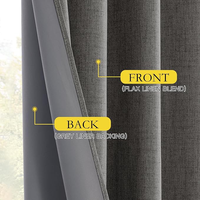 NICETOWN 100% Blackout Grizzle Gray Curtains 90 inches Long for Bedroom, Thermal Insulated Living Room Curtains with Gray Liner, 2 Panels, 52" W, Farmhouse Style Thick Linen Blend Window Draperies