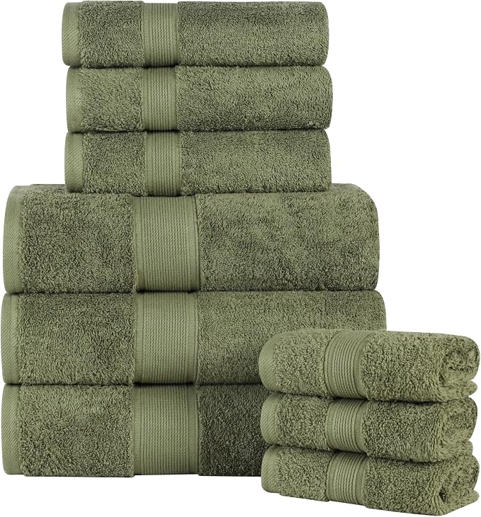 Superior 100% Organic Cotton 9-Piece Towel Set, 3 Bath Towels, 3 Hand Towels, 3 Face Towels/Washcloth, Daily Use, Bathroom, Guest Bath, Absorbent, Home Essentials, Oregon Collection, Forest Green