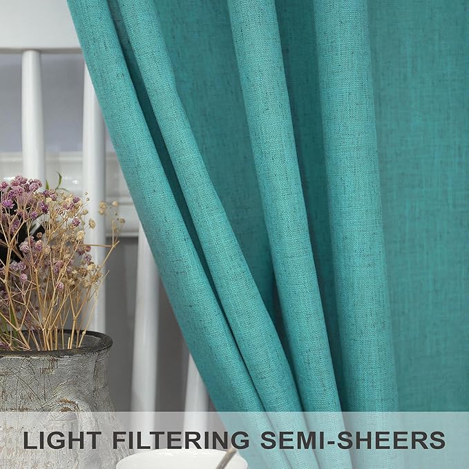Pitalk Teal Linen Curtains 84 Inches Long 2 Panels Back Tab Rod Pocket Pleated Semi Sheer Light Filtering Modern Boho Curtains for Bedroom Living Room Dining Room Floor Length Peacock Blue Green Drape