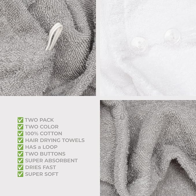 American Soft Linen 100% Cotton Hair Towels for Women, Head Towel Cap, Cotton Hair Turban Towel Wrap for Hair, Soft and Absorbent Cotton Hair Towels 2 Pack, White-Light Gray