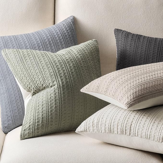 ZeeMart 100% Cotton Waffle Textured Throw Pillow Covers Set of 2, 22x22 Inch Taupe, Soft Farmhouse Decorative Couch Pillow Cases Light Brown Cushion Covers for Sofa Bed Living Room Home Decor