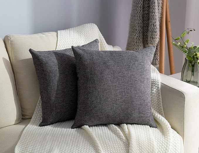 Stellhome Burlap Throw Pillow Covers Square Solid Decorative Farmhouse Linen Cushion Covers for Bed Couch Sofa Bench, 16 x 16 inch (40 cm), Dark Grey, Set of 2