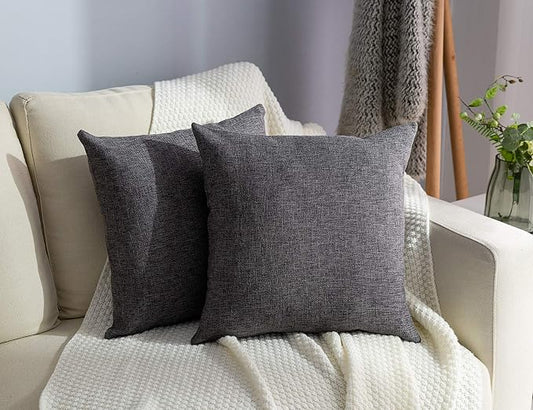Stellhome Burlap Throw Pillow Covers Square Solid Decorative Farmhouse Linen Cushion Covers for Bed Couch Sofa Bench, 16 x 16 inch (40 cm), Dark Grey, Set of 2