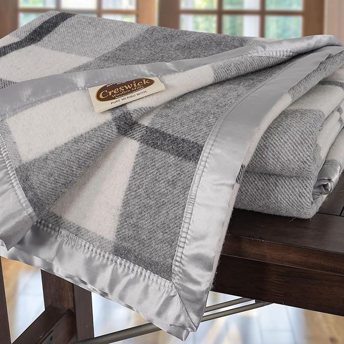 Creswick Woollen Mills 100% Australian Merino Wool Blanket – Soft Warm and Natural with Satin Binding, Breathable Luxury Bedding for All Seasons, (Gray Plaid, Full/Queen Size)