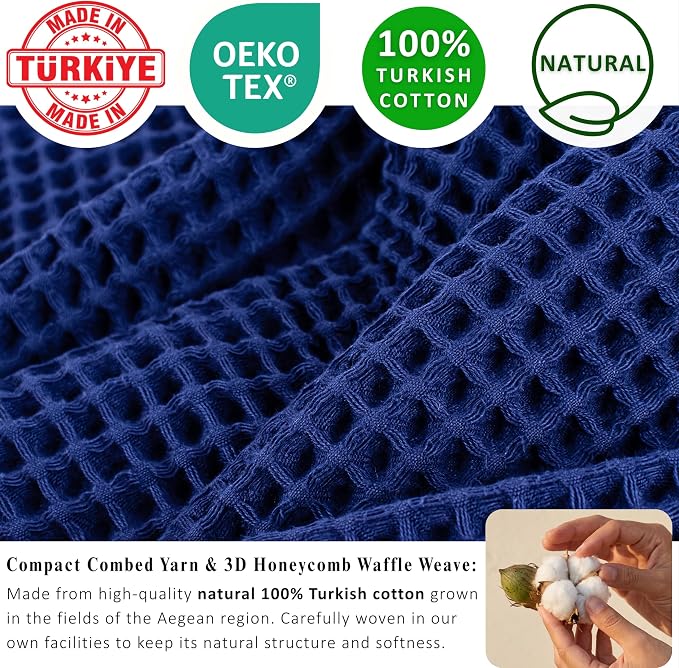PÜSKÜL 4-Piece Natural 100% Turkish Cotton Luxury Waffle Towels for Bathroom | Premium Honeycomb Weave 2 Hand Towel & 2 Bath Towel Set | Soft Absorbent Quick-Dry Lightweight Towels (Navy Blue)