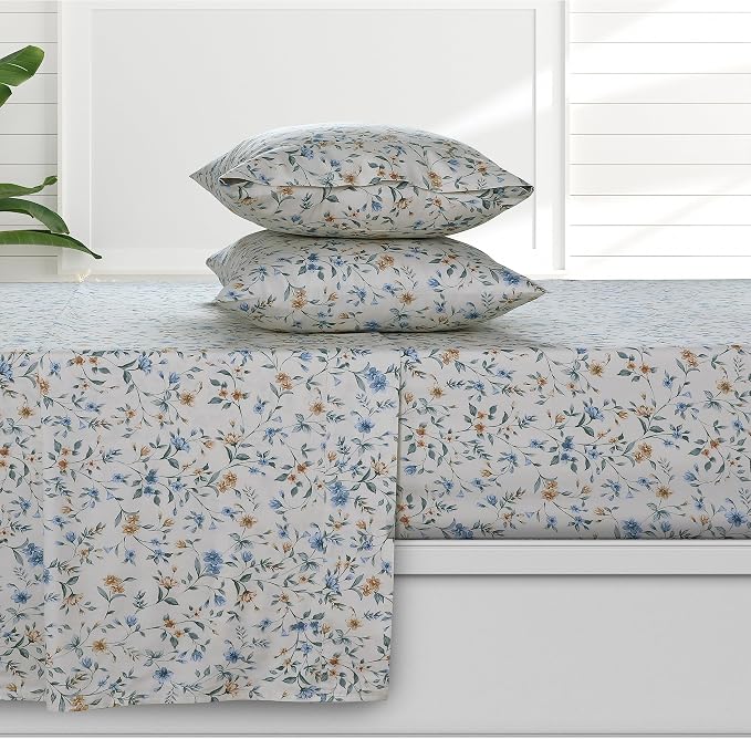AZORES HOME King Organic Cotton Sateen Sheet Set - Deep Pocket, 300 Thread Count, 4-Piece Luxury Bedding, Kate Dark Blue