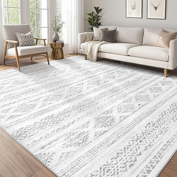 Tortania Area Rug Living Room Rugs - 5x8 Washable Large Soft Neutral Boho Moroccan Bohemian Farmhouse Rug Indoor Floor Carpet for Bedroom Under Dining Table Home Office Decor - Ivory Gray