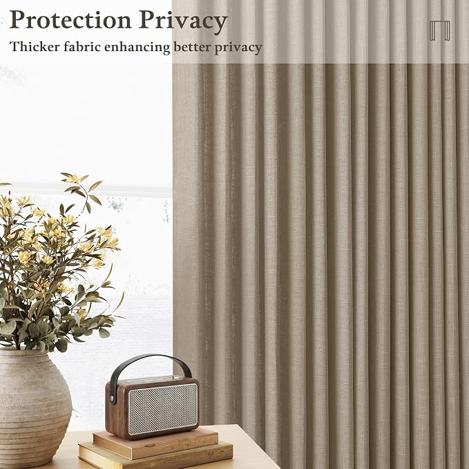 Farmhouse Pleated Thick Linen Curtains 80 Inch 2 Panels Set for Living Room Bedroom Camel Tan Light Filtering Semi Sheer Linen Blend Window Curtain with Hooks Rings 50 Inches Wide Back Tab Drapes