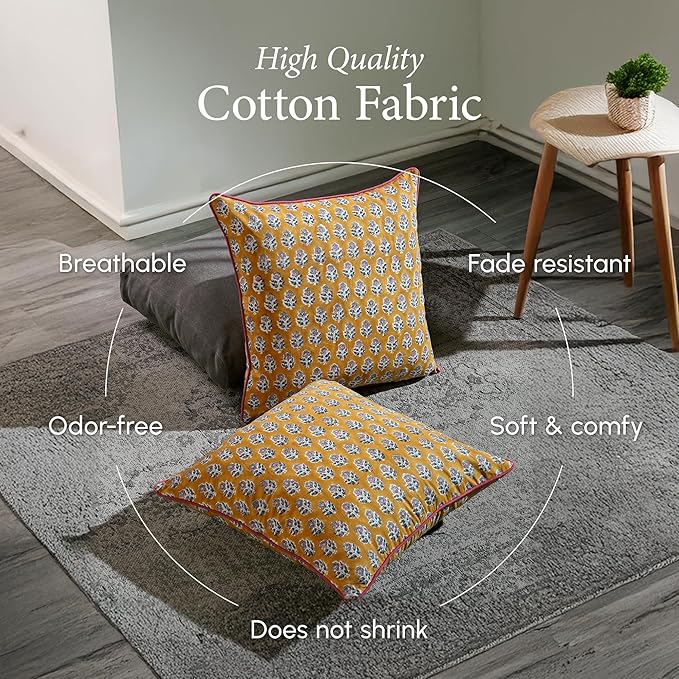 CPC 100% Cotton Throw Pillow Covers 16X16 Yellow Block Print Pattern Couch Pillow, Cute Boho Decorative Pillows for Living Room, Bedroom with Hidden Zipper- Yellow Citrine