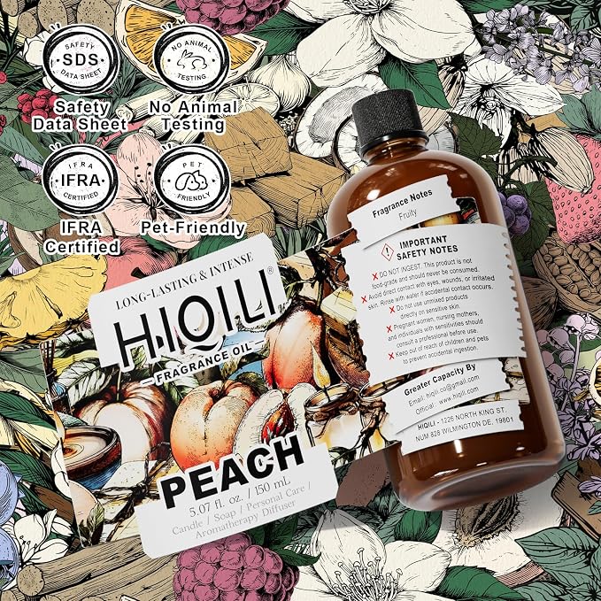 HIQILI Peach Fragrance Oil for Home Diffuser, Body Spray - 5.07 Fl Oz | DIY Candle, Linen & Room Freshener Spray Making, Long-Lasting Scent Juicy Fruit Scent, Pet Safe, Graduated Dropper Included