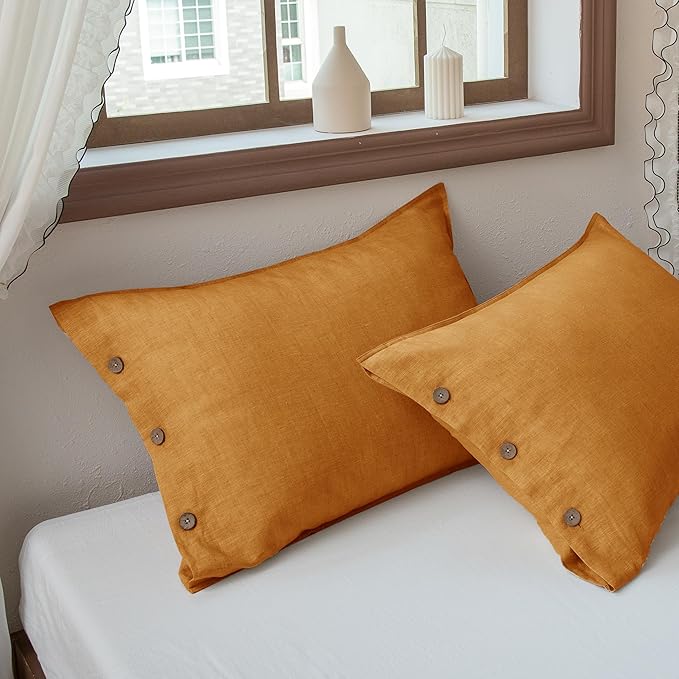 EVERLY 100% Linen Pillowcases Set of 2, French Linen from Normandy, 20X30Inch Standard Size, Natural Color, Coconut Buttons Closure, Flax Pillowshams-Pillowcase-Caramel