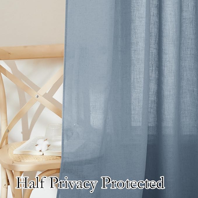 RYB HOME Linen Texture Curtains for Short Window Treatments, Semi Transparent Breathable Fabric Lightweight for Kitchen Bathroom Bedroom, W 52 x L 36 inches, Dusty Blue, 2 Panels