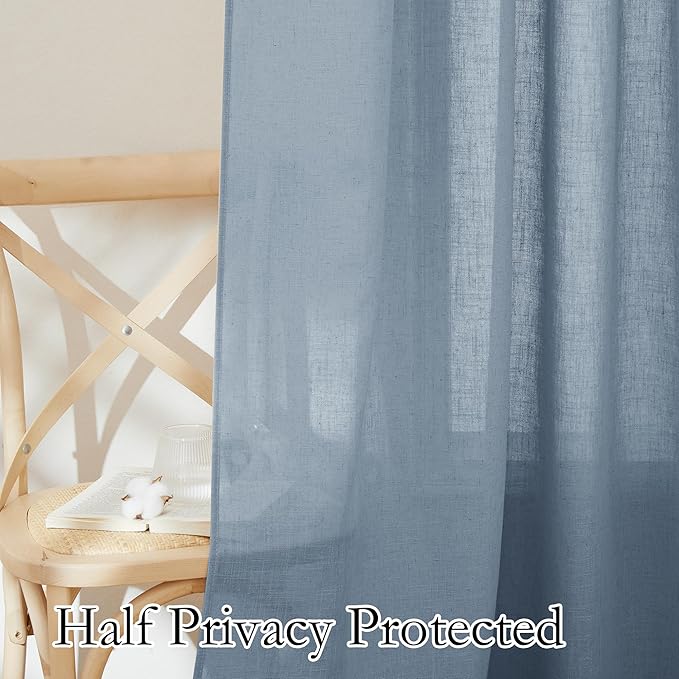 RYB HOME Blue Linen Sheer Curtains for Living Room Kids Room, Semi Transparent Elegant Flax Linen Texture Breathable Durability Decor 72 inch Length, W 52 x L 72 inches, Dusty Blue, 2 Panels