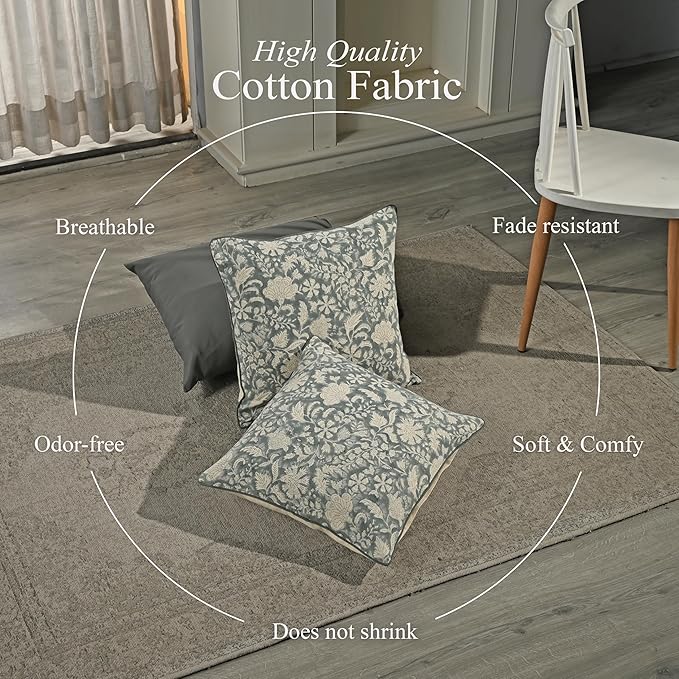 CPC Throw Piping Pillow Covers for Couch, 18x18 Inch Pillows for Living Room, 100% Cotton Boho Cute Outdoor Pillows, Flower Cushion Covers Gift for Spring, Easter - Green Ivy Botanical