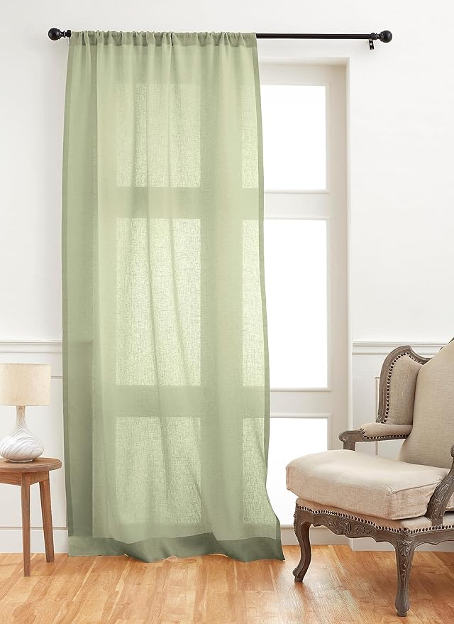 Solino Home Sage Green Sheer Curtain 132 Inches Long - 100% Pure Linen European Flax Window Treatment Panel 52 x 132 Inch - Light Filtering Rod Pocket Curtain for Living Room, Bedroom - 1 Panel