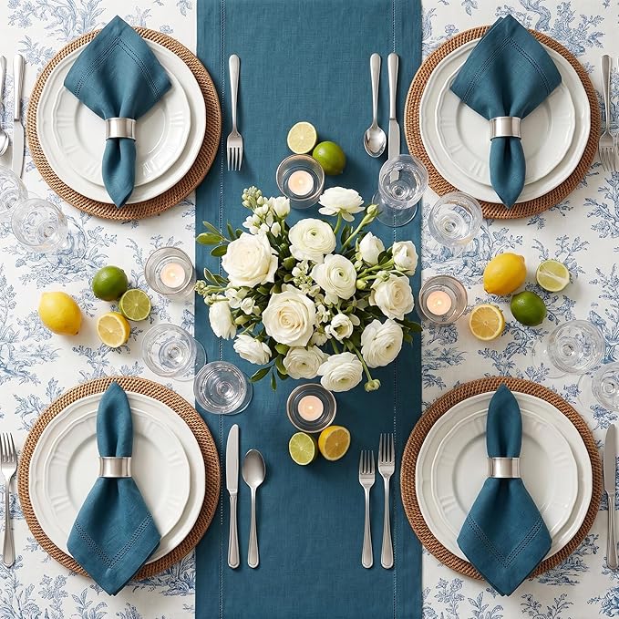Solino Home Linen Cloth Napkins Set of 4-100% Pure Linen Peacock Blue Dinner Napkins 20 x 20 Inch - Maison Washed Hemstitch, Handcrafted and Machine Washable - Summer