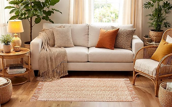 COTTON CRAFT Woven Area Rug - 2 Pack Reversible Boho Farmhouse Rustic Cotton Throw Rug Carpet with Fringe - Machine Washable Mat for Bedroom Living Room Entryway Bathroom - 22x34 - Terracotta Natural