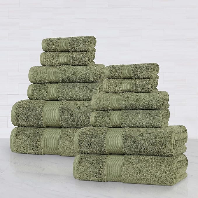 Superior 100% Organic Cotton 12-Piece Towel Set, Includes 4 Bath Towel, 4 Hand Towel, 4 Face Towel/Washcloth, Daily Use, Bathroom, Guest Bath, Absorbent, Oregon Collection, Forest Green