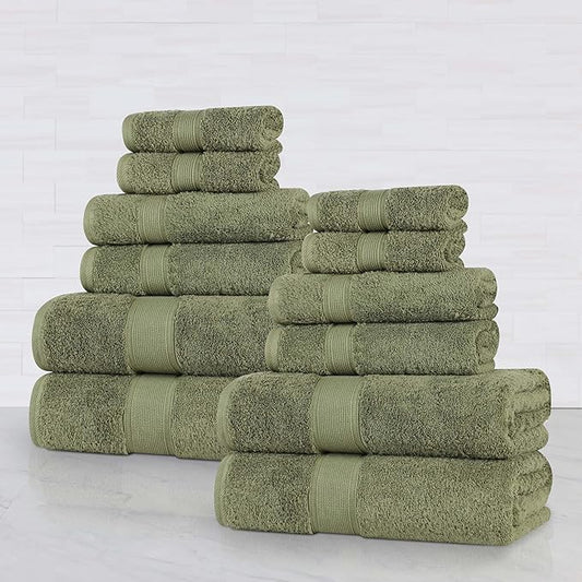 Superior 100% Organic Cotton 12-Piece Towel Set, Includes 4 Bath Towel, 4 Hand Towel, 4 Face Towel/Washcloth, Daily Use, Bathroom, Guest Bath, Absorbent, Oregon Collection, Forest Green