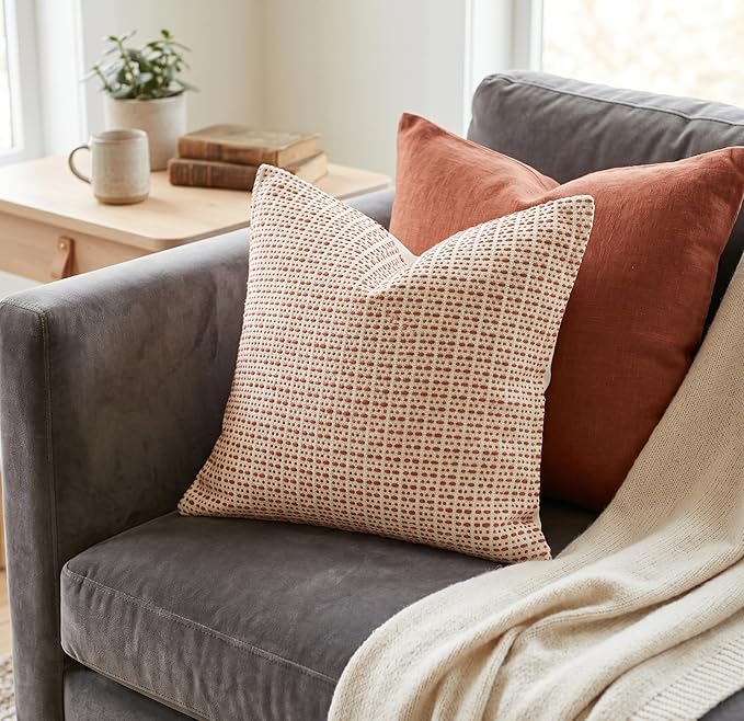 SanVia Cotton Throw Pillow Covers 20x20 – Handwoven Jacquard Texture, Fade-Resistant, No Pilling – Hidden Zipper, Decorative Cushion Cover for Sofa, Couch, Bed – Insert Not Included (Farmhouse, Red)
