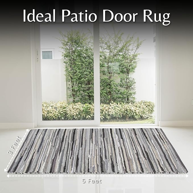 Cotton Hand Woven Chindi Rug 3x5 Feet - Charcoal, Farmhouse Stripe Reversible Throw Indoor Decorative Carpet Ideal for Hallway, Kitchen, Living Room | Grey Large Area Floor Rag Rugs for Patio