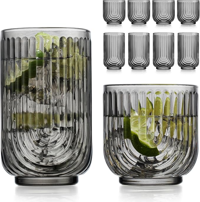 Glaver's 8 Piece Smoke Glassware Set, Art Deco Black Drinking Glasses, Ribbed U-Shape Design, 4 Highball 17oz and 4 Whiskey 11oz DOF Arch Drinkware