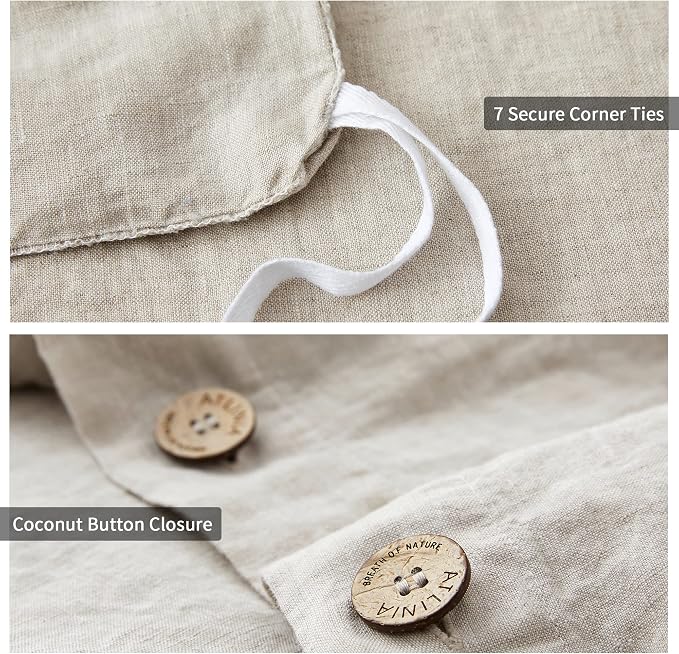 ATLINIA 100% Flax Linen Duvet Cover Set - Stone Washed Pure French Linen Organic Fabric for Farmhouse Comforter Boho Bedding Included 1 Duvet Cover 2 Pillow Shams(Natural, Queen)