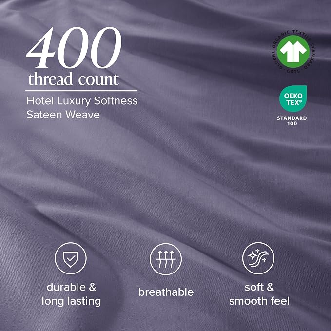 Bare Home 100% Organic Cotton Full Sheet Set - 400 Thread Count - Smooth Sateen Weave - Breathable & Cooling - Hotel Luxury Set - Deep Pocket Bed Sheets (Full, Dusty Purple)