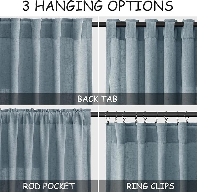 Nanspring Light Blue Linen Curtains 108 Inches Long for Living Room Bedroom 2 Panels Set Extra Long Back Tab Curtain Light Filtering Sheer Drapes Floor to Ceiling Curtain for Large Windows 52x108.