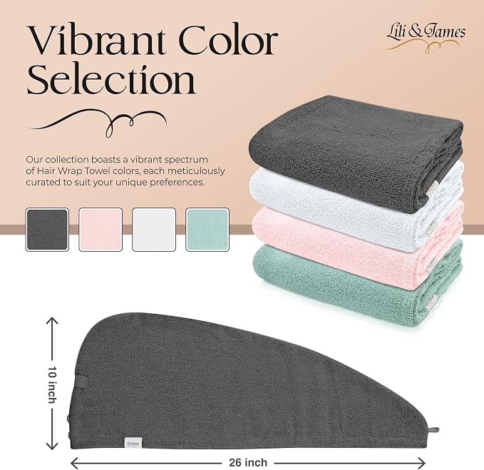 Lili&James 100% Cotton Hair Towel Wrap for Women & Kids – 420 GSM Quick Dry Hair Turban with Double Button Loop, Anti Frizz Non Microfiber Hair Drying Towel for Curly, Long & Thick Hair (Dark Grey)