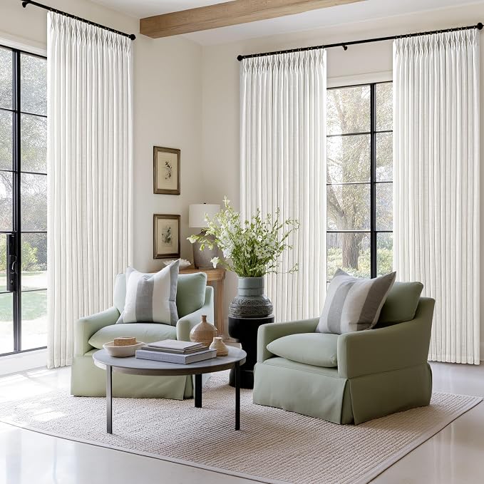 Beige White Pinch Pleated 126 Inch Curtains 2 Panel Set for Living Dining Room Neutral Thick Linen Semi Sheer Ceiling Track Curtain Light Filtering Privacy Bedroom Drapes Window Treatment W50xL126