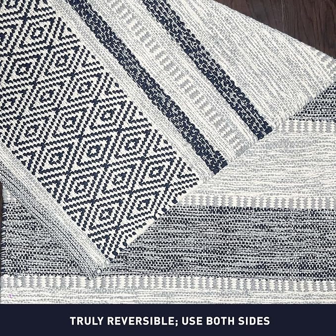 Chardin home Farmhouse Rug Runner 2x6 feet Grey & Navy | Recycled Cotton Hand Woven Rug, Long Boho Rug | Perfect for Hallways, Kitchens, Bathroom, bedrooms, Meditation Yoga Mat