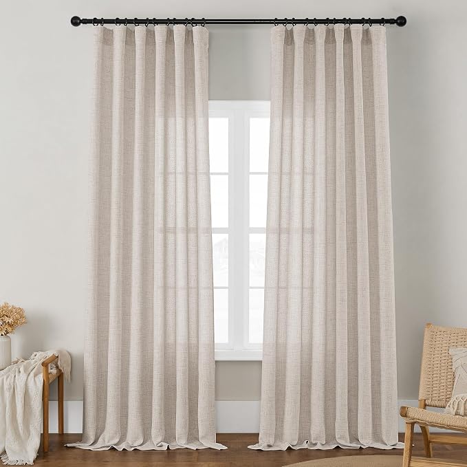 Linen 86 Inch Curtains 2 Panels for Dining Living Room Semi Sheer Light Filtering Farmhouse Curtains with Rod Pocket Hook Belt Privacy Tan Beige Flax Linen Long Window Drapes