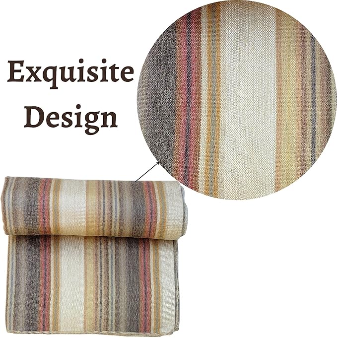 DAVLINA, Alpaca Wool Throw Blanket | Super Soft, Lightweight, Breathable and Hypoallergenic | Non-Itchy or Scratchy (Beige Brown Varicolored, Striped)