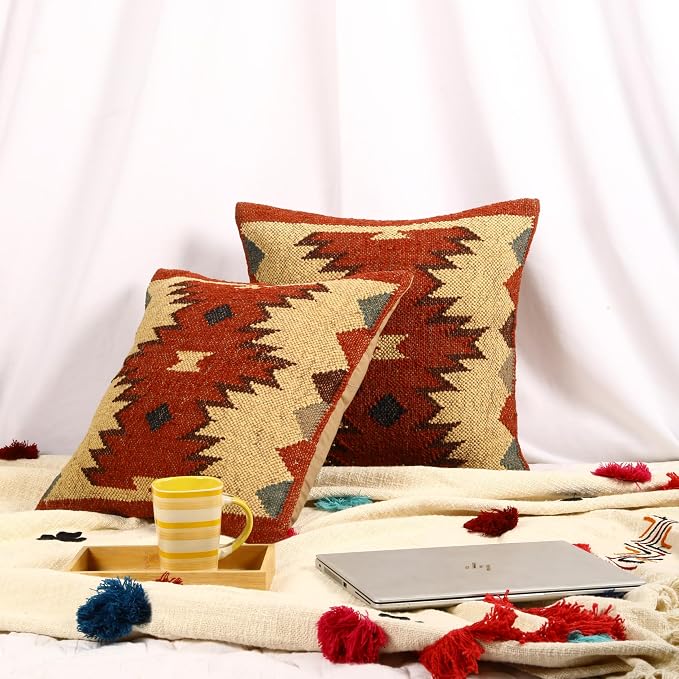 Trade Star 70% Jute 30% Wool Pillow Shams Handwoven Pillow Case Throw Pillow Cover Set of 2 Kilim Cushion Cover Indian Jute Pillow Cover for Home Decor Thich Rug Designer Cushion Case