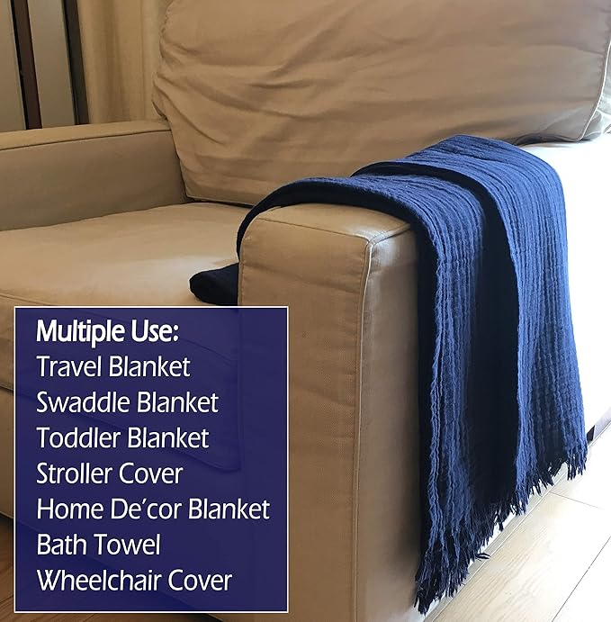 KyraHome Muslin Blankets for Adults, 60"x80", 100% Organic Cotton Throw Blankets for Couch, Plant Dyed Breathable Lightweight Gauze Summer Blankets, All Season (Navy Blue)