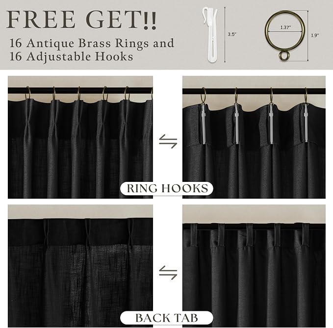Black 90 Inch Linen Curtains Pinch Pleated for Living Room Bedroom Dining Boho Country Light Filtering Pinch Pleat Drapes with Hooks Rings Back Tab Semi Sheer Window Curtains 2 Panels Set 50x90